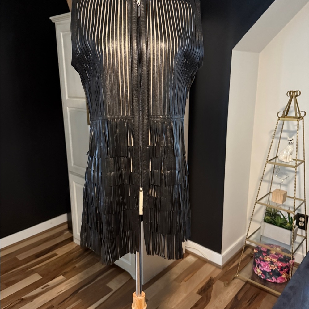 Black Leather Jacket with Fringe Design